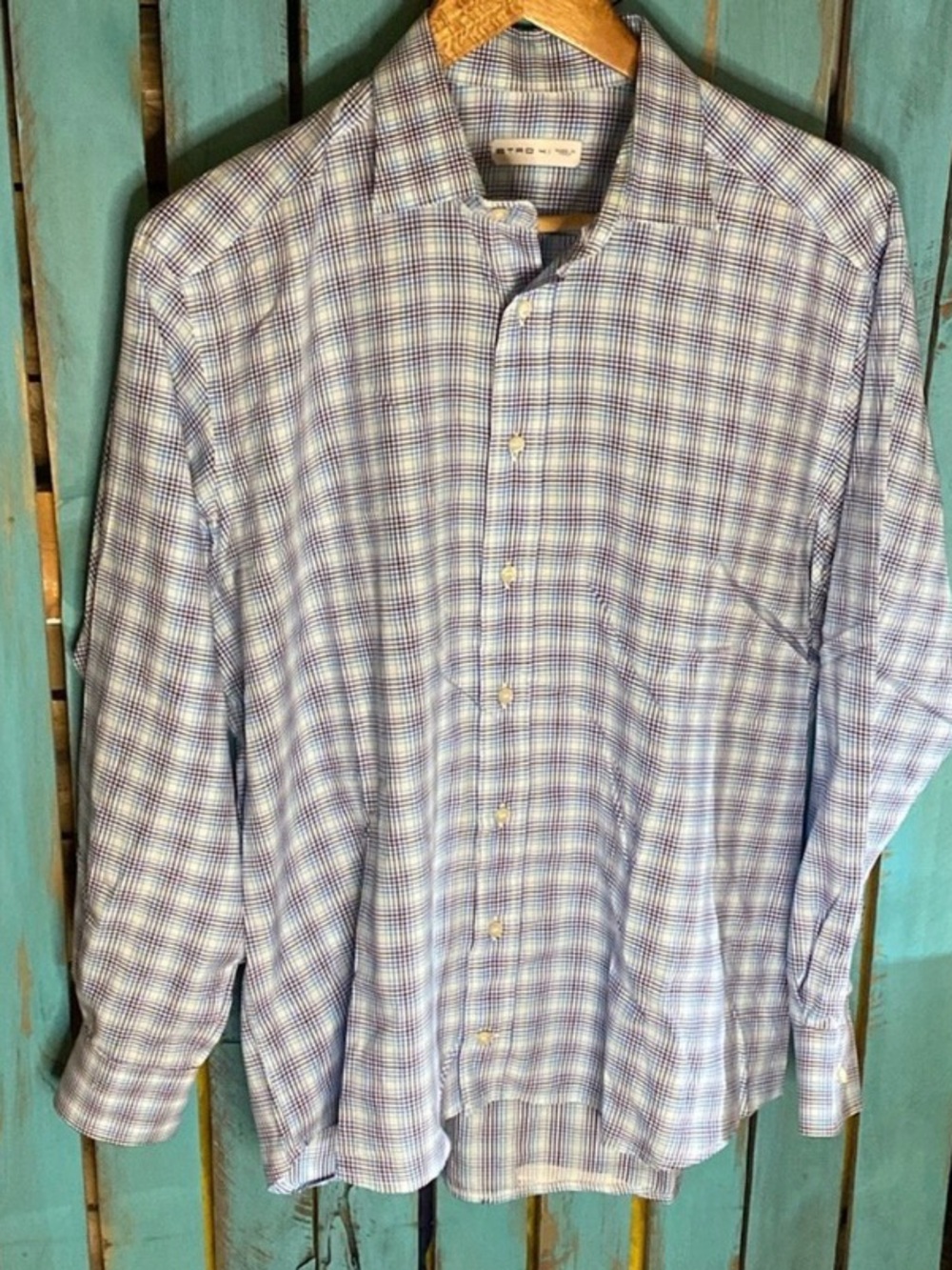Etro 41 button up long sleeve shirt size Large blue purple made in Italy